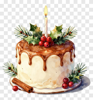 Christmas Cake With Candle And Holly Decorations PNG