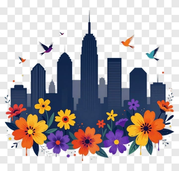 City Skyline With Colorful Flowers PNG