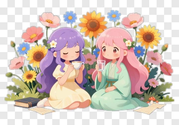 Cartoon Girls Enjoying Tea In A Flower Garden PNG