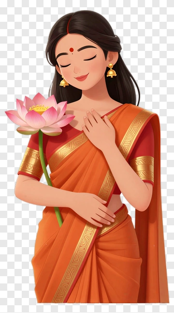 Woman In Orange Saree Holding A Lotus Flower PNG
