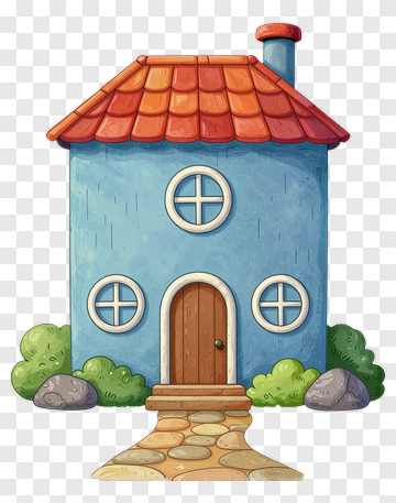 Cartoon House With Blue Walls And Red Roof PNG