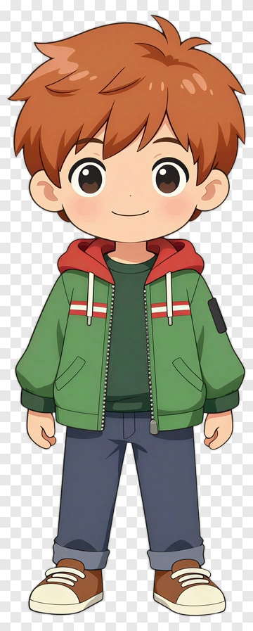 Cartoon Boy In Green Jacket PNG