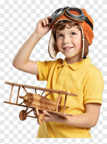 Boy Wearing Aviator Hat Holding A Wooden Airplane PNG