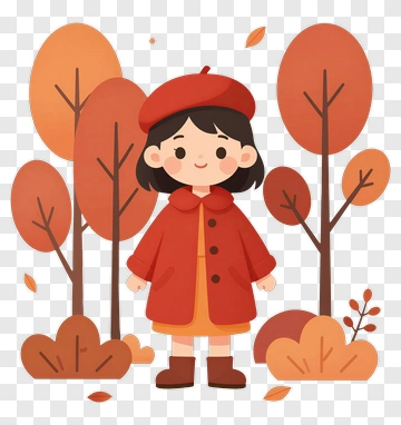 Cartoon Girl In Red Coat Surrounded By Autumn Trees PNG