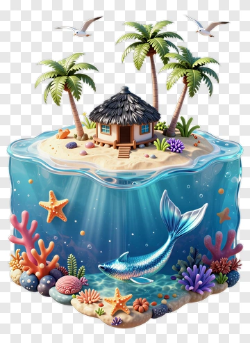 Tropical Island Scene With Coral Reef And Fish PNG