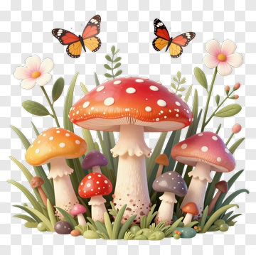 Colorful Mushroom Garden With Butterflies PNG