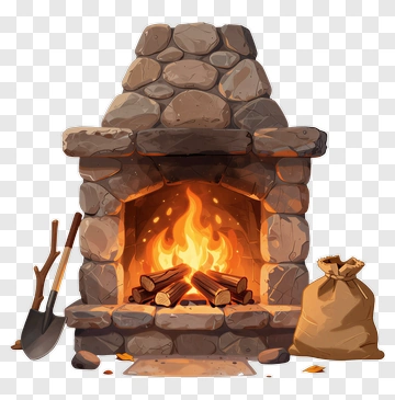Stone Fireplace With Firewood And Shovel PNG