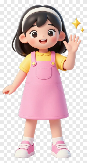 Cartoon Girl Waving In A Pink Dress PNG