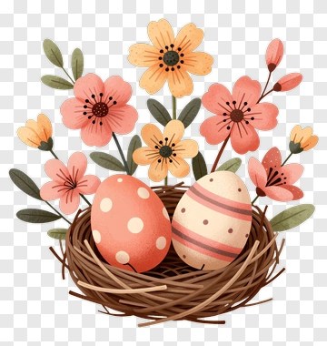 Easter Eggs In A Nest Surrounded By Flowers PNG