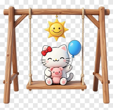 Cartoon Cat On A Swing With A Balloon PNG