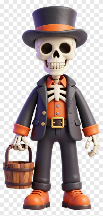 Cartoon Skeleton Holding A Halloween Candy Bucket PNG