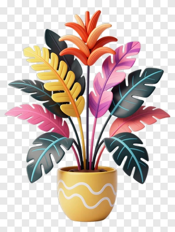 Colorful Potted Plant With Leaves And Flowers PNG