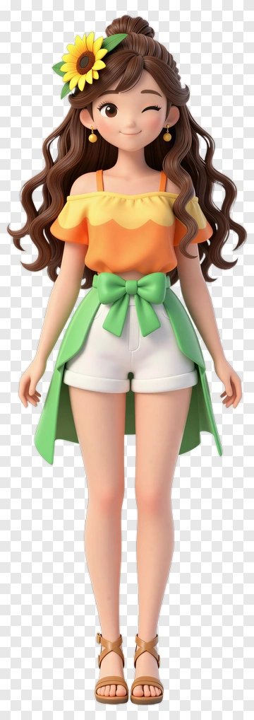 Cartoon Girl With Sunflower Hair Accessory PNG
