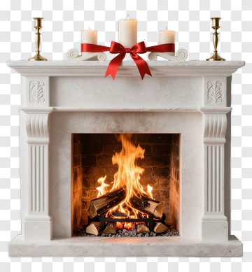 Fireplace With Candles And Red Ribbon PNG