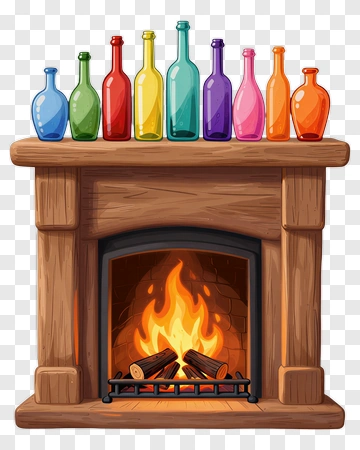 Colorful Bottles On A Wooden Fireplace Mantel PNG
