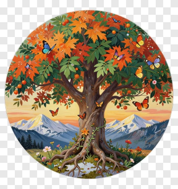 Colorful Autumn Tree With Butterflies PNG