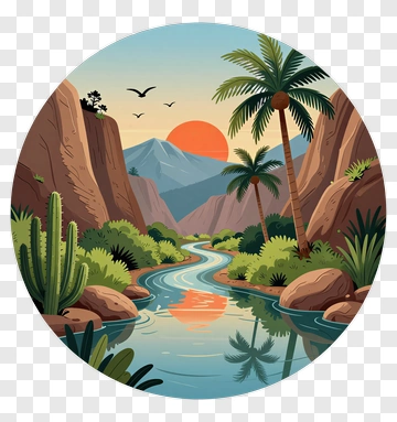 Scenic River Valley With Mountains And Palm Trees PNG