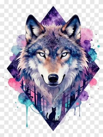 Colorful Wolf Portrait With Cat Silhouette PNG