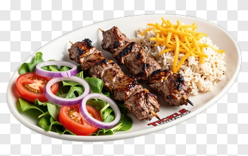 Grilled Beef Skewers With Rice And Salad PNG