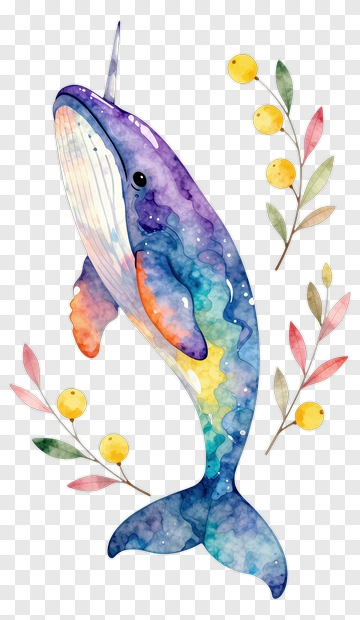 Watercolor Whale Surrounded By Leaves And Berries PNG
