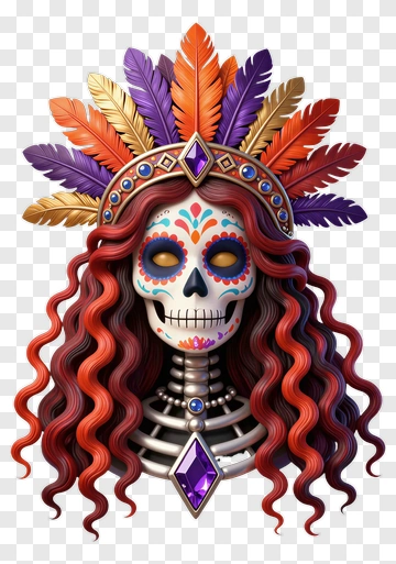 Colorful Sugar Skull With Feathered Headdress PNG