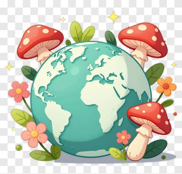 Cartoon Earth Surrounded By Colorful Mushrooms And Flowers PNG