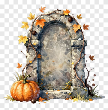 Halloween Pumpkin Next To A Gravestone With Autumn Leaves PNG