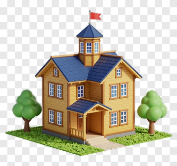 3D School Building With Trees PNG
