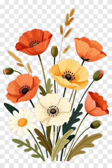 Colorful Floral Bouquet With Poppies And Daisies PNG