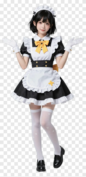 Maid In Black And White Dress With Yellow Bow PNG
