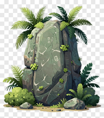 Cartoon Rock Surrounded By Tropical Plants PNG