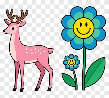 Cartoon Pink Deer And Smiling Flowers PNG