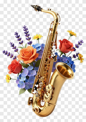 Saxophone Surrounded By Colorful Flowers PNG