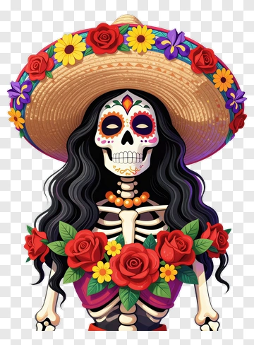 Colorful Skeleton Wearing A Sombrero With Flowers PNG
