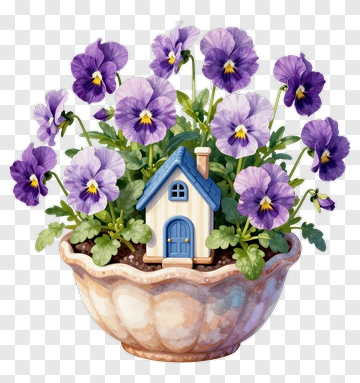 Flower Pot With Purple Pansies And A Miniature House PNG