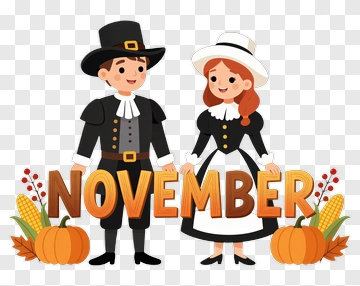 Thanksgiving Pilgrims Holding November Sign PNG